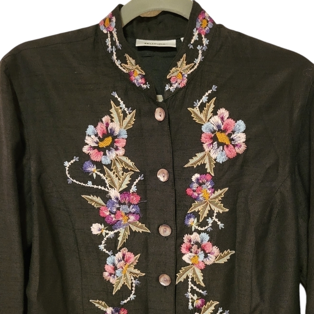 Units Silk Duster Jacket Mandarin Collar Embroidered Mother Pearl Buttons Boho - Picture 3 of 13